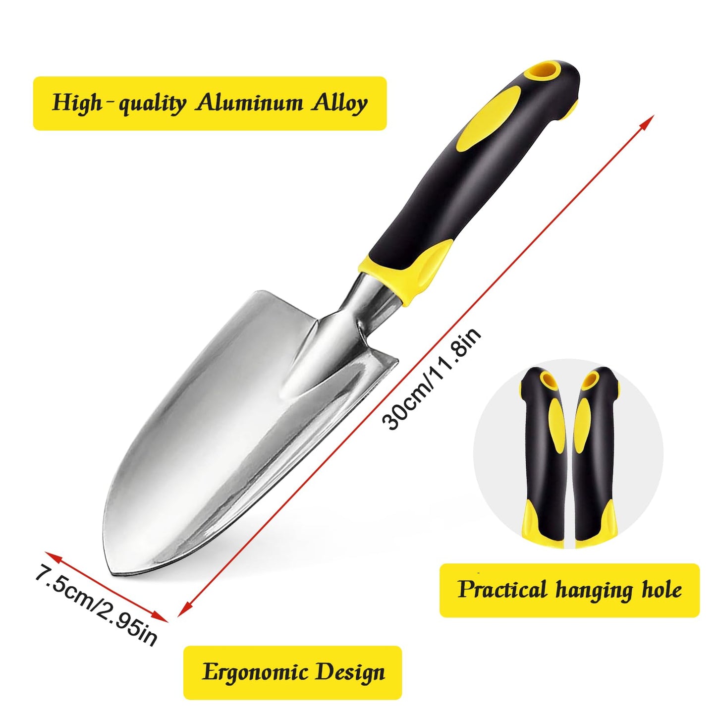 Garden Tool Set 3 Piece Aluminum Gardening Tools Kit with Rake,Shovel&Graduated shovel .Garden Trowel & Hand Wide Shovel Pointed with Soft Rubberized Non-Slip Ergonomic Handle for Planting(Yellow)