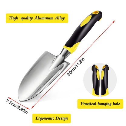 Garden Tool Set 3 Piece Aluminum Gardening Tools Kit with Rake,Shovel&Graduated shovel .Garden Trowel & Hand Wide Shovel Pointed with Soft Rubberized Non-Slip Ergonomic Handle for Planting(Yellow)