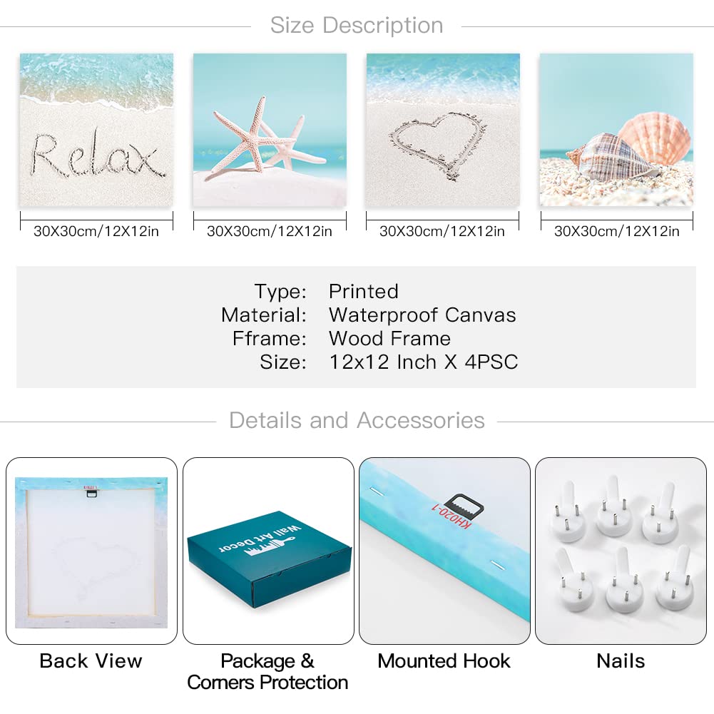 Artscope 4 Pieces Wall Art Canvas Prints - Seashell Starfish and Beach Picture Painting - Modern Wall Artwork Framed for Gifts Bathroom Home Kitchen Office Decor - 30 x 30 CM