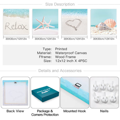 Artscope 4 Pieces Wall Art Canvas Prints - Seashell Starfish and Beach Picture Painting - Modern Wall Artwork Framed for Gifts Bathroom Home Kitchen Office Decor - 30 x 30 CM