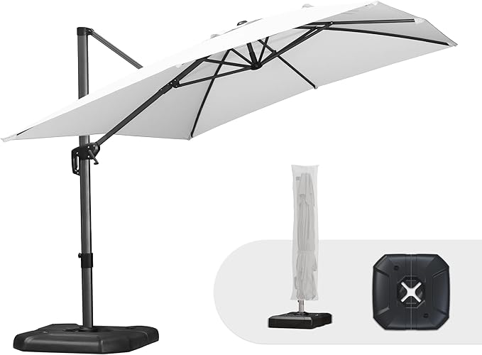 PURPLE LEAF 9'×11.5' Cantilever Patio Umbrella with Base Rectangle Offset Outdoor Umbrella Cover with Zipper for Garden Deck Pool White