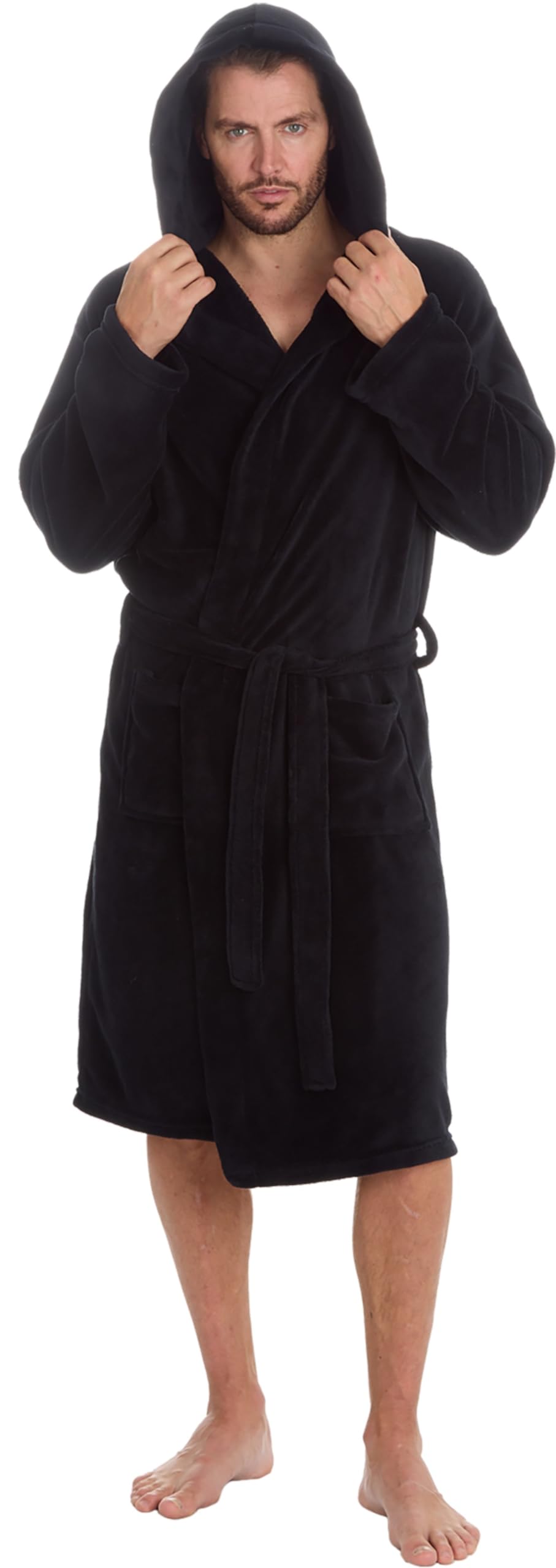 MICHAEL PAUL Dressing Gowns for Men | Super Soft Luxury Hooded Dressing Gown | Men's Warm and Cozy Fleece Nightwear Robe | Gifts for Men L BLACK