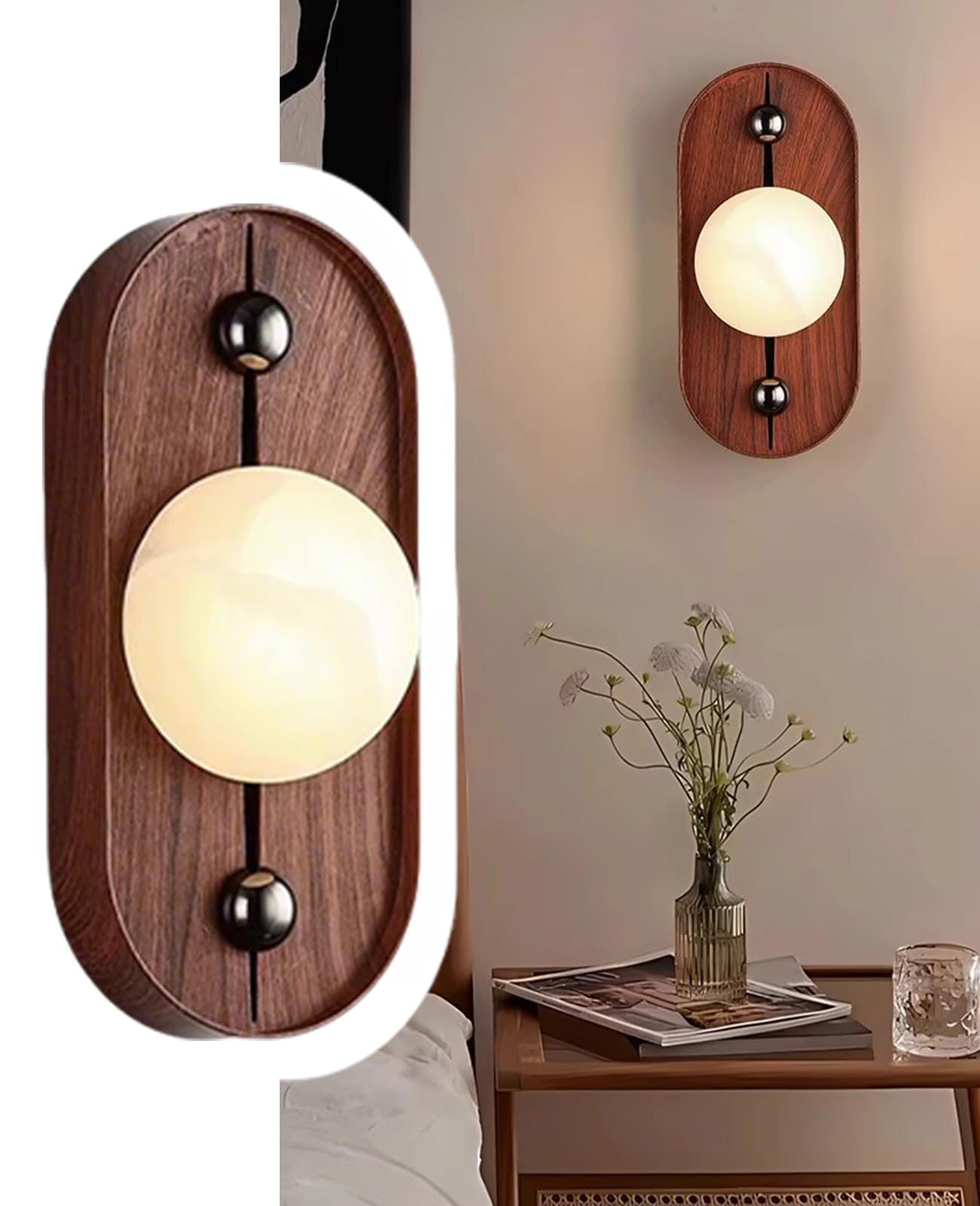 ALABABATA Natural Marble Wall Sconce, 10.5" High Alabaster Wall Sconces with White Stone Lampshade and Wood Grain Metal Base, Mid Century Modern Wall Lights Fixture for Bedroom Living Room Hallway