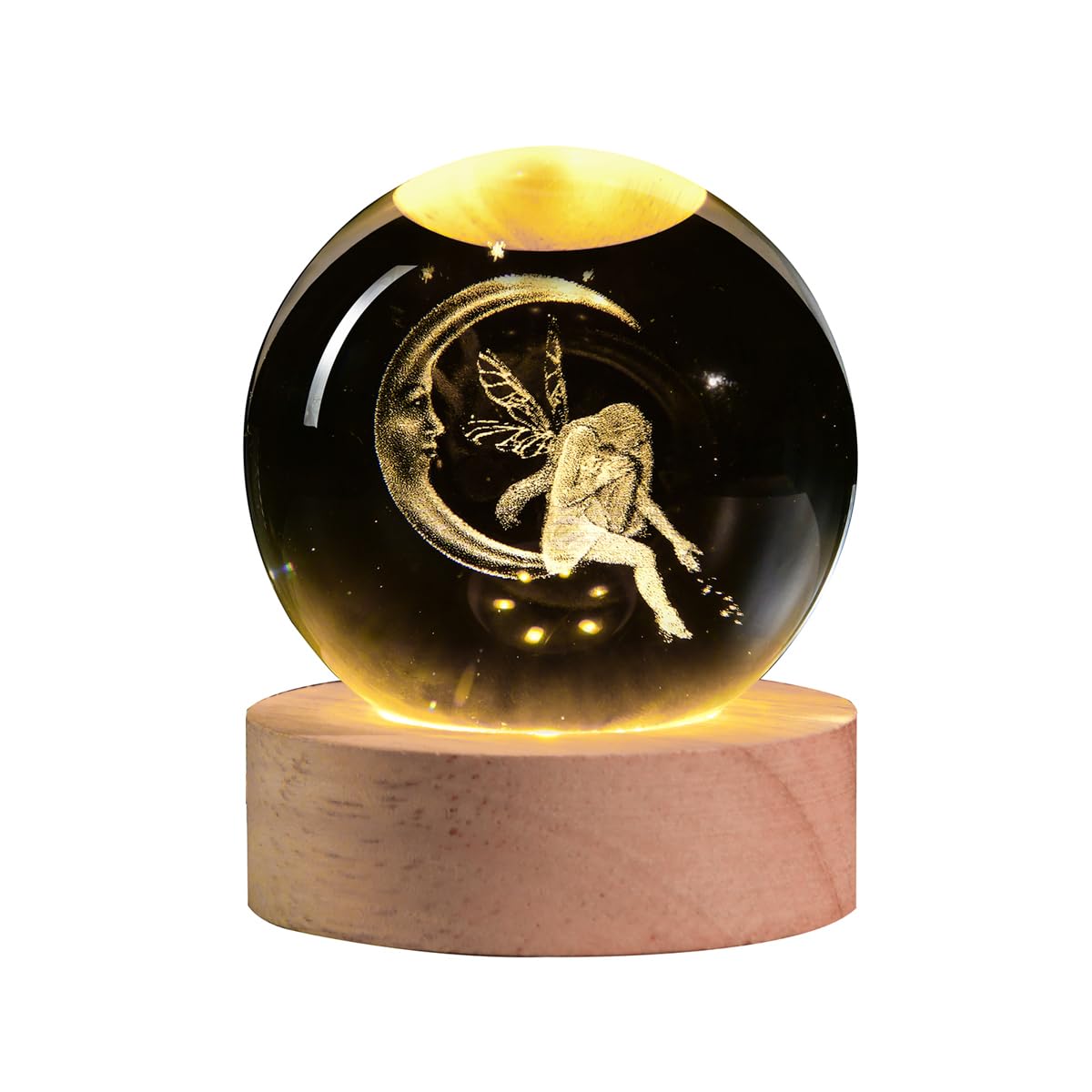 QIANCHANG 3D Fairy Crystal Ball with LED Stand, Fairies Figurines Lamp Night Light, Fairy Moon Decor Glass Sphere Balls Gifts for Women Girls Mom Kids(60mm)