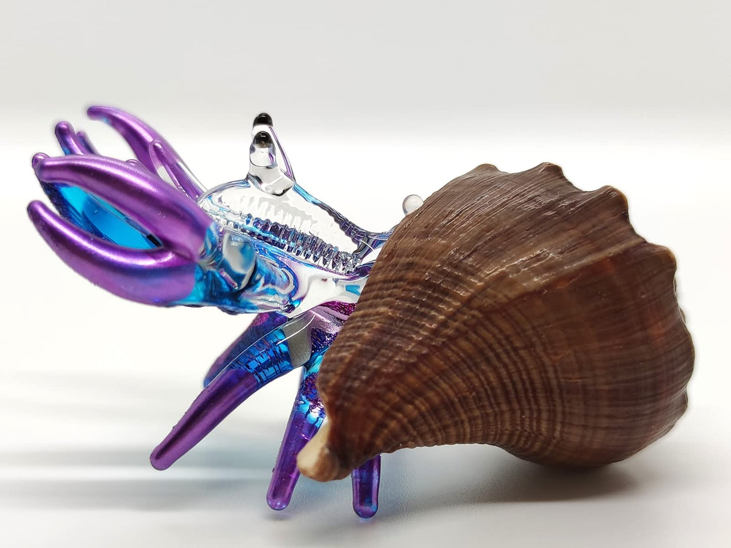 Sansukjai Seashell Hermit Crab Miniature Figurines Beach Animals Hand Blown Glass Art Collectible Gift Decorate - Brown Spiral Shell (Purple Blue)