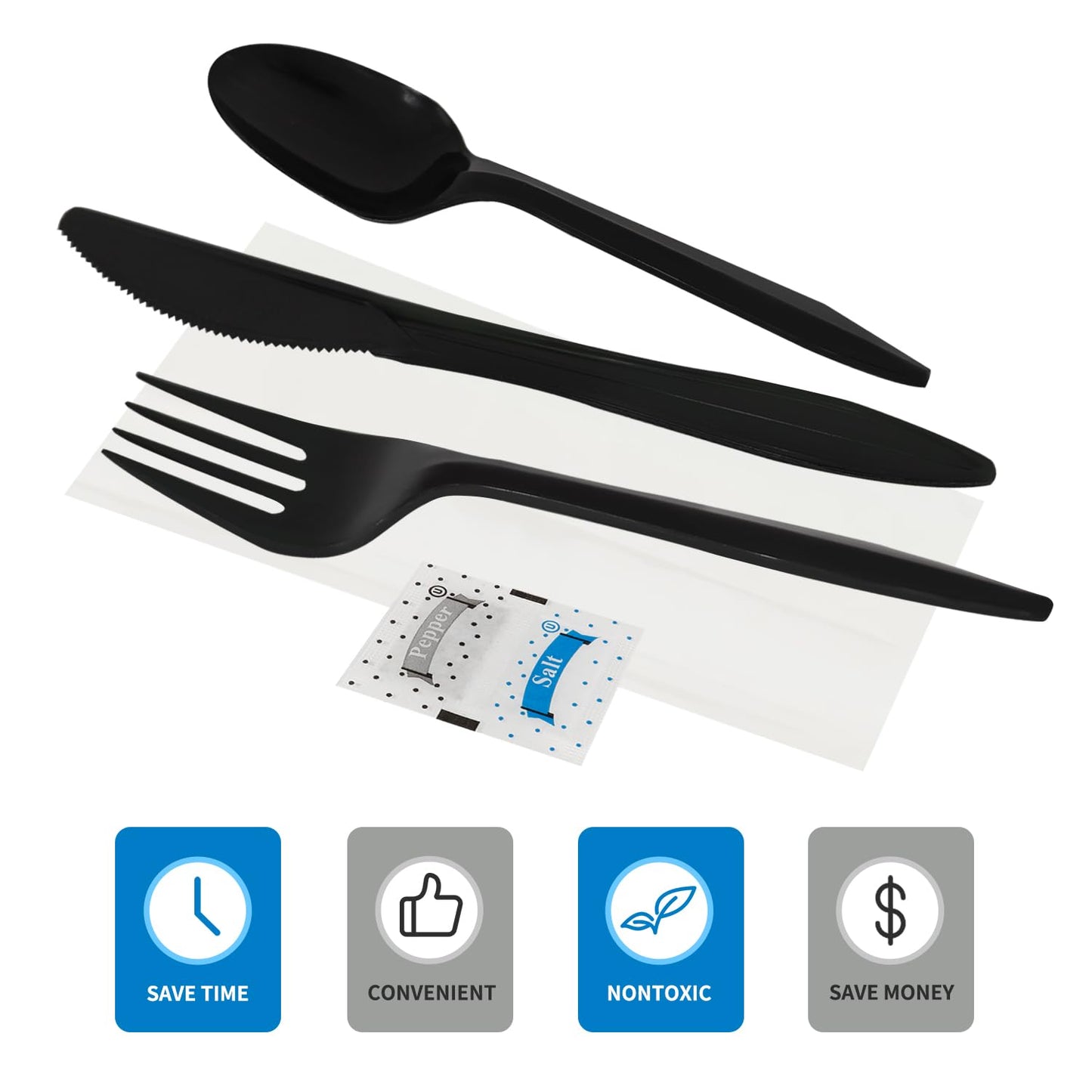 50Pack Plastic Cutlery Packets, Knife Fork Spoon Napkin Salt Pepper Sets, Individually Wrapped Black Plastic Cutlery Packets for Delivery, Cafeterias, Restaurants