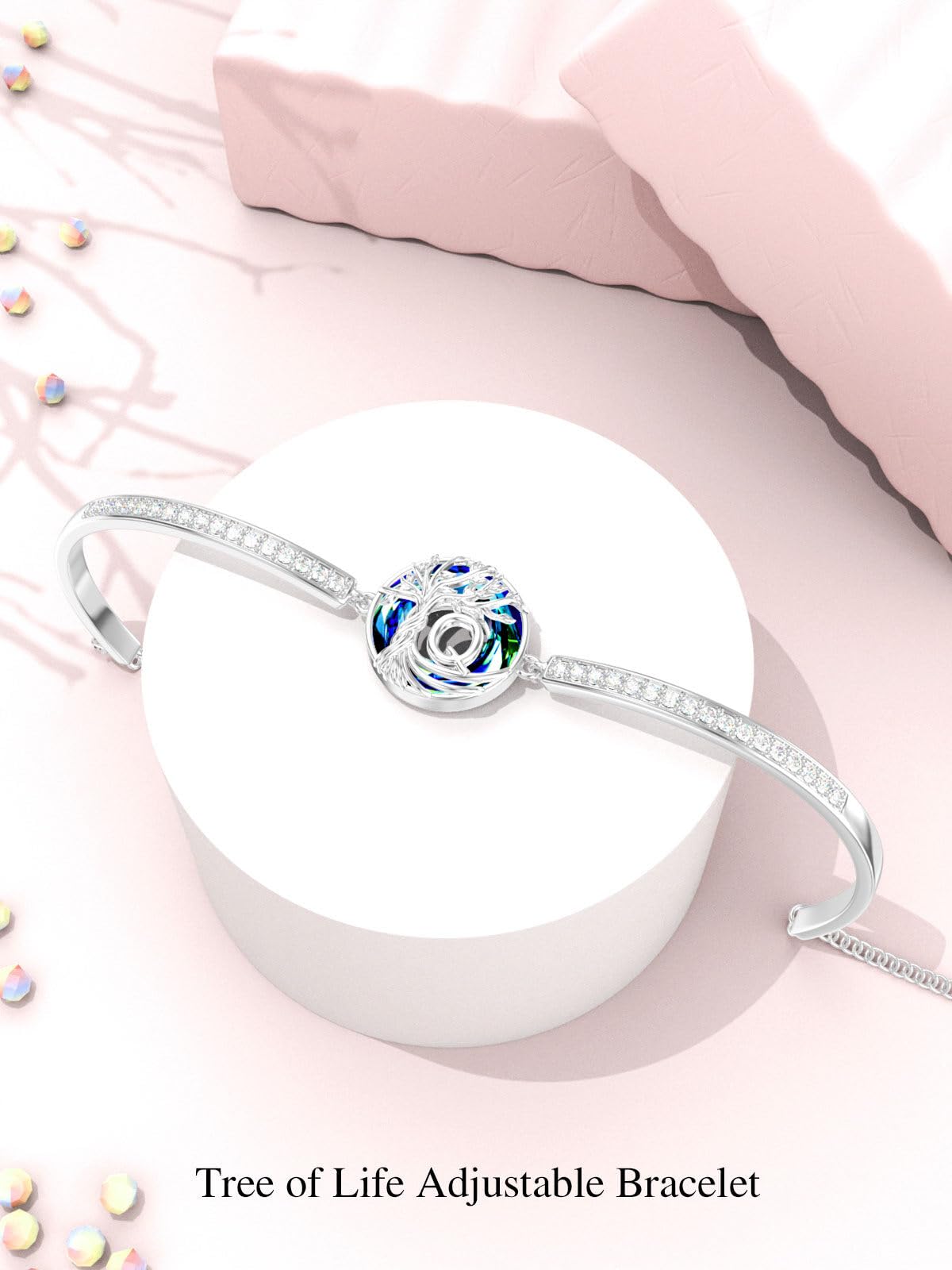 TOUPOP Tree of Life Bracelet Sterling Silver Initial Q Letter Bangle Bracelet Family Tree Blue Crystal Jewelry Mothers Day Birthday Gifts for Women Mom Wife