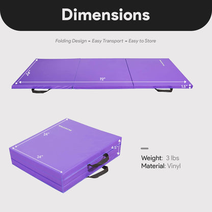 BalanceFrom 6x2 Feet 3-Panel Folding Gymnastics Mat – 1.5-Inch Thick Pad with Vinyl Surface and Carrying Handles for Tumbling, Yoga, Pilates, Home Workouts, and Martial Arts