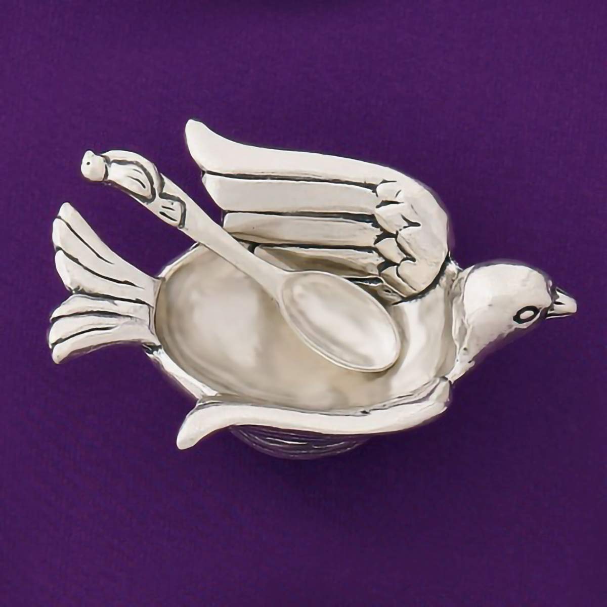 Basic Spirit Salt Bowl with Spoon - Bird - Pewter Cellar Container Box for Salt, Spices, Snacks, Rice, Side Dishes, or Ice Cream
