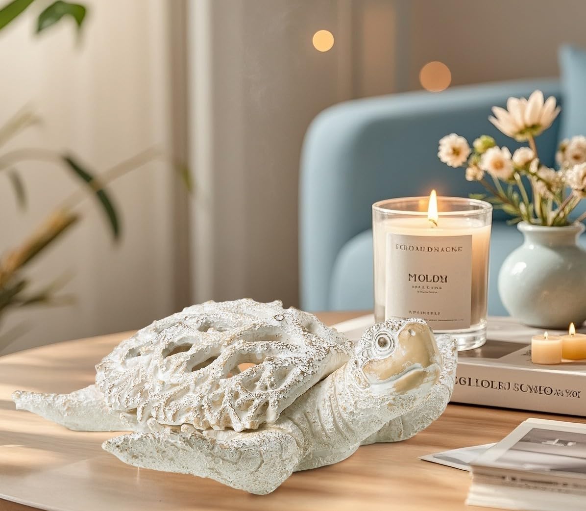 VVGIFTS Ocean Decor White Sea Turtle Coral Reef Home Office Decor Sculpture Beach Coastal Tabletop Shelf Collection (White)
