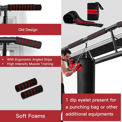 AmazeFan Pull Up Bar, Doorway Mount with Ergonomic Grip - Fitness Chin-Up Frame for Home Gym Exercise, 400 lbs Capacity, Alloy Steel, Foldable - Includes 2 Wrist Straps & Workout Guide
