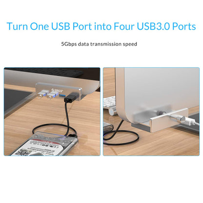ORICO USB 3.0 Hub, USB Hub Clamp, Aluminum 4-Port USB Splitter with Extra Power Supply Port and 4.92 FT USB Data Cable, Desktop Powered USB Hub for Monitors/Desks-Black (Without Power Adapter)