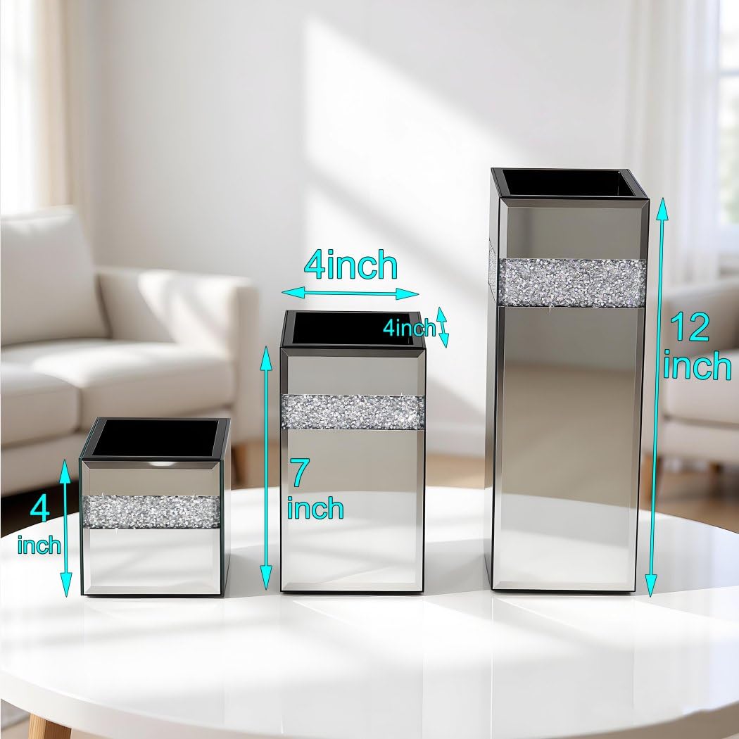 ALLARTONLY Crushed Diamond Mirrored Vase Pack of 3 Pieces Small Middle Large. Crystal Silver Mirror Glass Stunning Decorative Flower Vase Luxury for Home Decor. Can’t Hold Water.