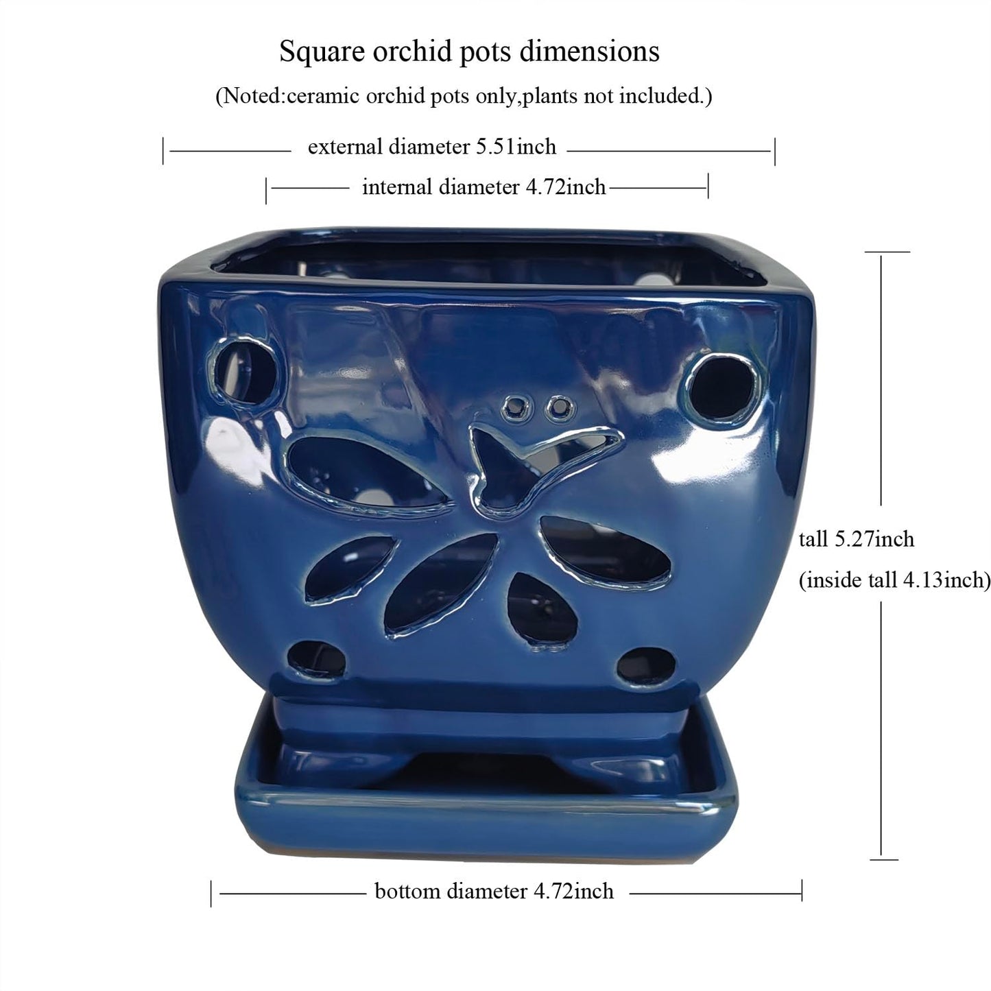Grdthzey Orchid Pots with Holes Square Ceramic Orchid Planter Pots 5.7 inch (Blue)