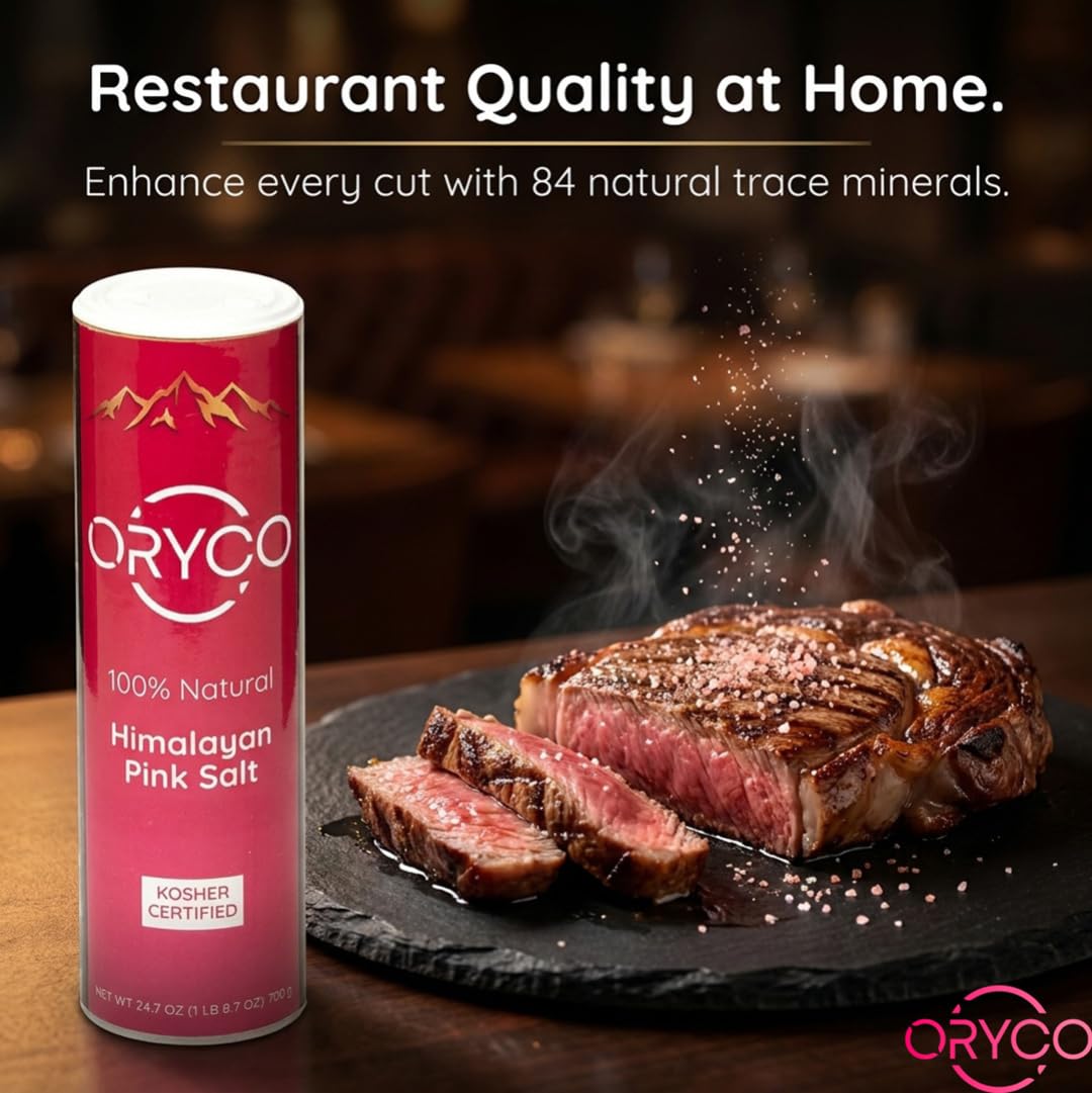 Oryco Himalayan Pink Salt Fine Grain Shaker (24.7 oz) 700g – 100% Natural, Kosher, Non-GMO, Mineral Salt, Easy Pour Shaker for Cooking, Baking, Table Seasoning, Popcorn & Everyday Kitchen Use