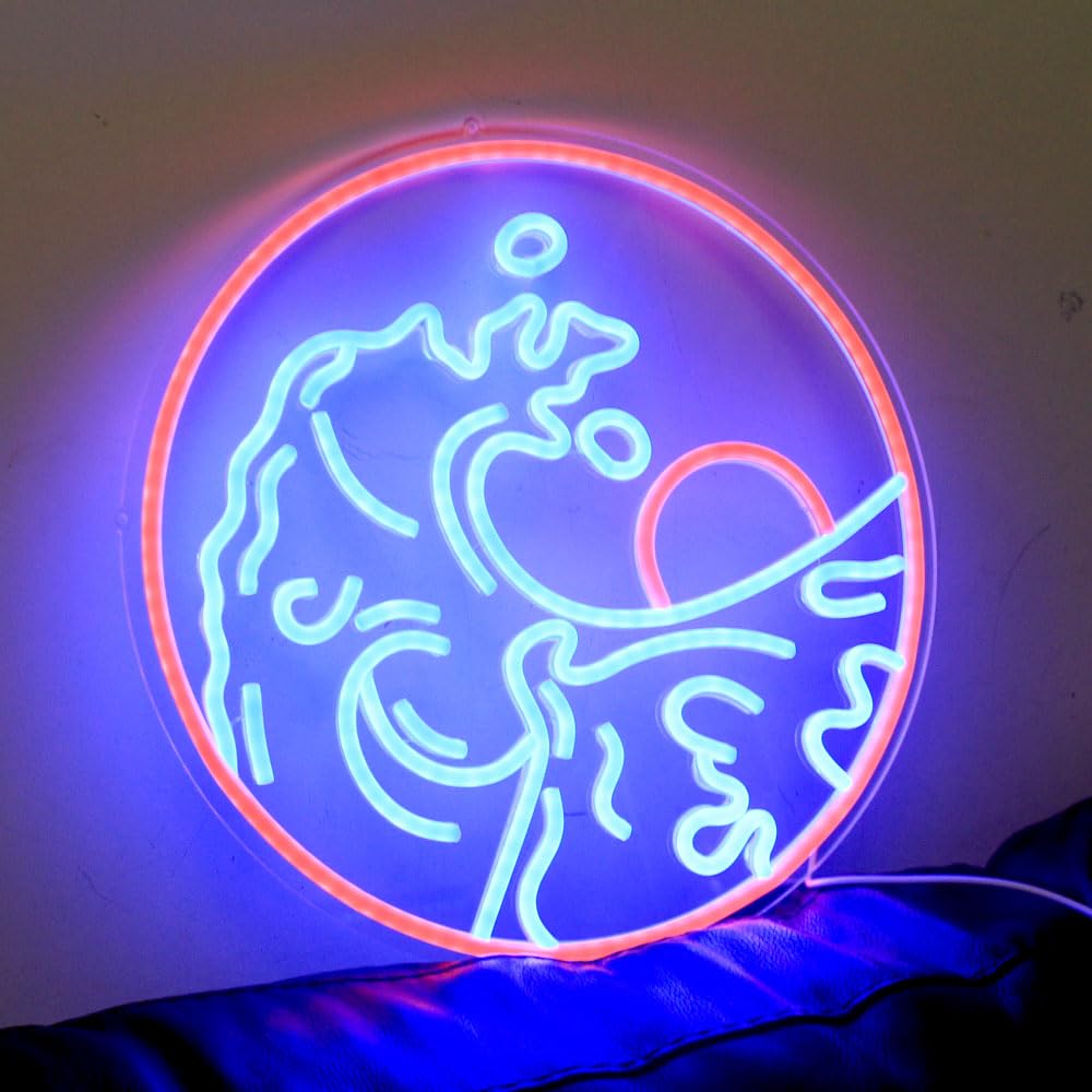 DAKABUKA Sunset Sunrise Neon Sign Dimmable Wave Neon Signs for Wall Decor Room Decor Bedroom Office Bar Birthday Party Christmas(Blue Red)