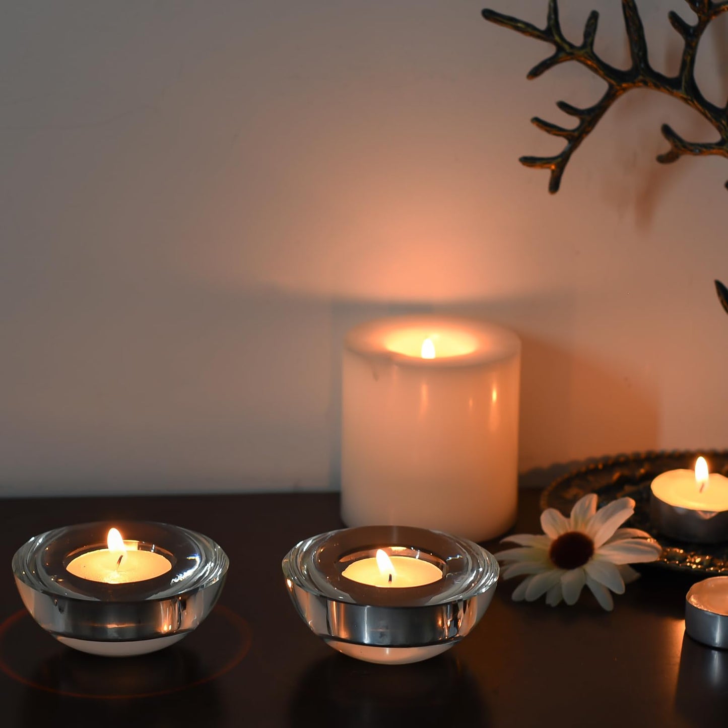 Kitcom Crystal Tealight Candle Holders for Tabletop Home Decor W2.8'' X H1.2'', Comes with Gifed Box(Pack of 2)
