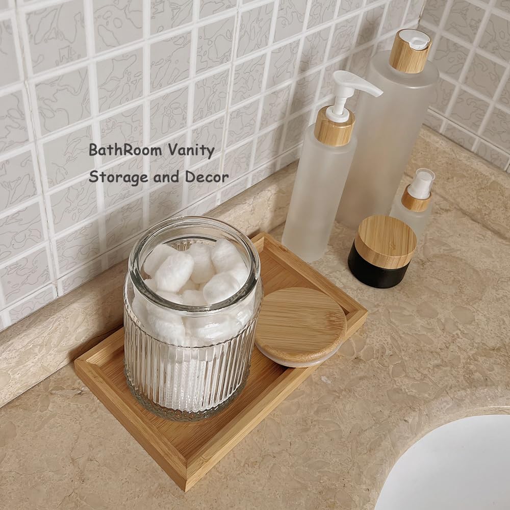 BEECO GIF2U Decorative Glass Containers Canisters with Airtight Wooden Lids 2 PACK,Food Jar for Kitchen,Bathroom Bath Salts Decor Organizers Countertop Holder with Vanity Tray (Stripe Embossed, 23oz)