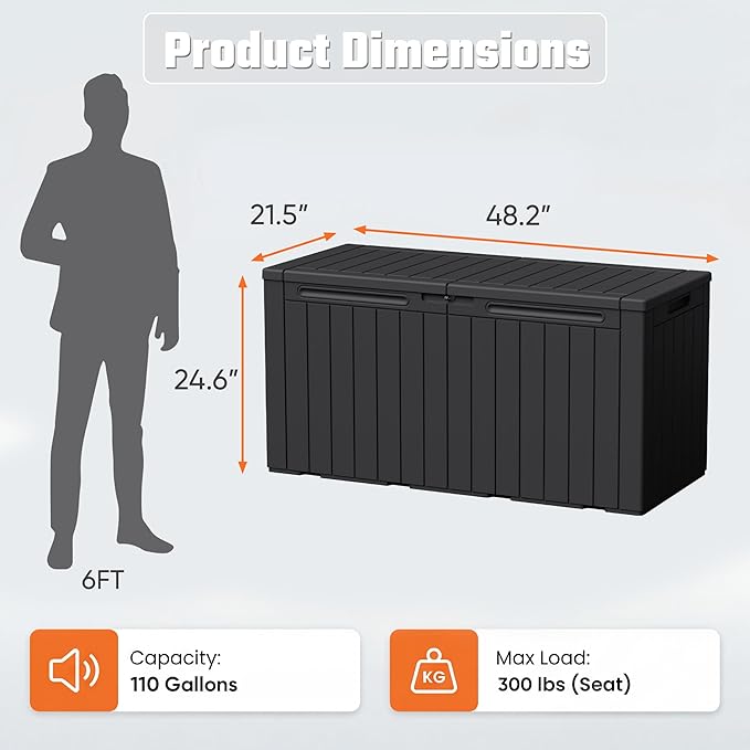 Greesum 110 Gallon Outdoor Storage Box with Lockable Lid, All-Weather Solution for Patio Furniture, Pool Supplies & Garden Tools, Waterproof, UV-Resistant Large Deck Box, Black
