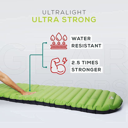 Gear Doctors Ultralight 17oz Apollo-Air Sleeping pad + Blue Anti Slip Camping Pillow Duo, 5.2 R-Value 4 Season Air Mattress with Ergonomic Ultralight Pillow The Size of A Soda Can