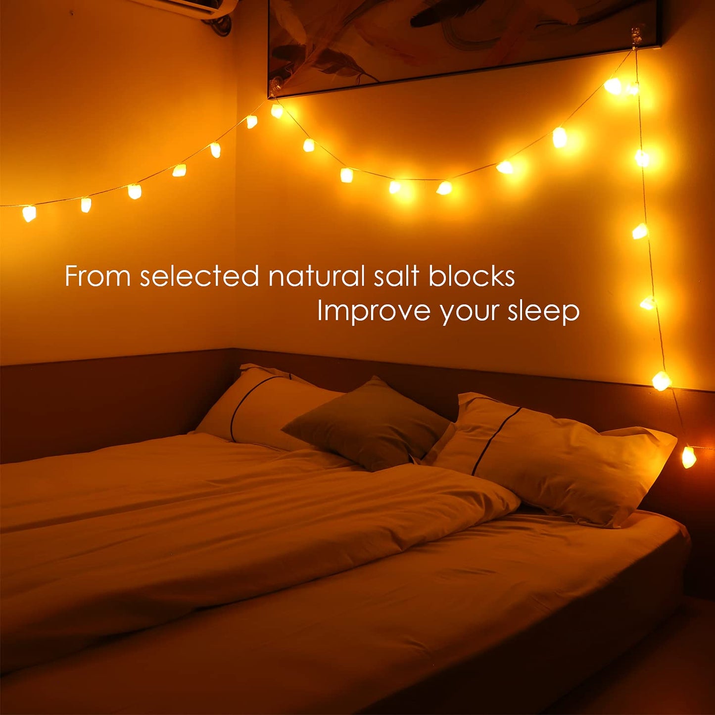 HeaHap Himalayan Salt String Lights with Switch, 20 Natural Salt Block LED Light with USB Interface Suitable for Decorating Home, Bedrooms, Fireplaces（Total Length: 11.5 Feet）