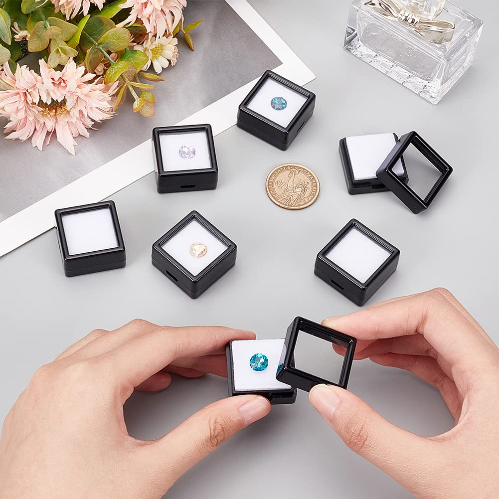 BENECREAT 36 Pcs Black Gemstone Display Box Plastic Transparent Bare Stone Box Black Square Jewelry Box 1.16x1.16x0.65 Suitable for Gemstone, Jewelry, Crystal Diamond Accessories Display
