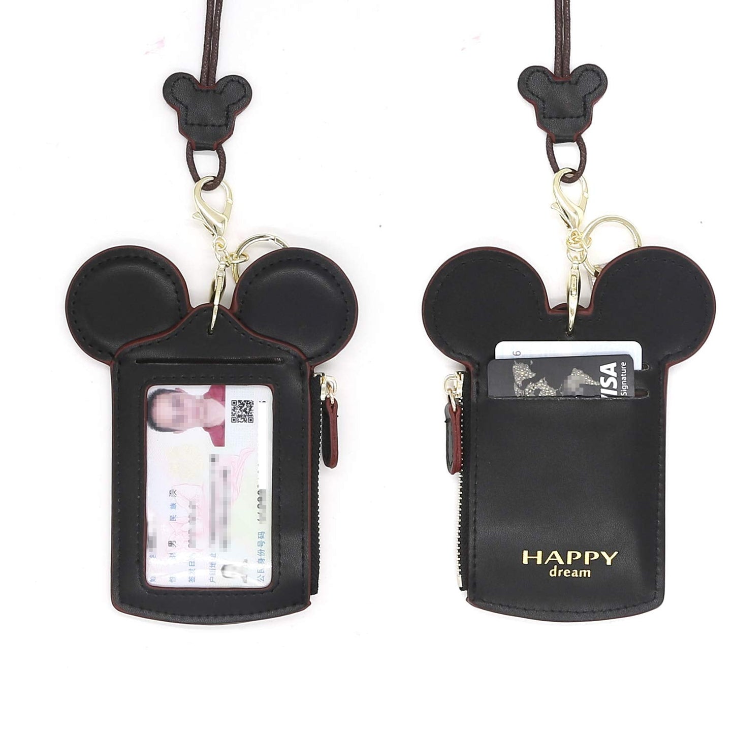 Ondeam ID Holder With Lanyard Badge Holder,PU Leather newchic Cute Animal Shape neck wallet for Women(Black)