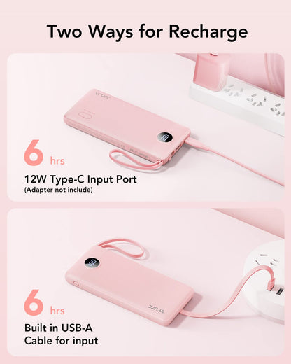 VRURC Portable Charger with Built in Cables, Slim Power Bank 10000mAh, USB C Battery Pack Travel Essential, 5 Outputs 2 Inputs Phone Charging Bank for iPhone 16 15 14 13,Samsung,Android-Black(1 Pack)