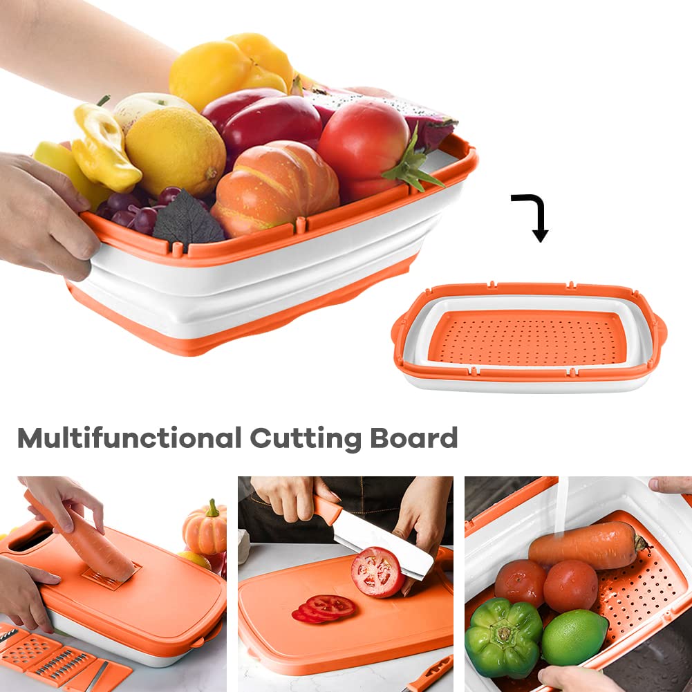 Gintan Camping Cutting Board, 9-in-1 Collapsible Chopping Board with Colander, Kitchen Vegetable Washing Basket for Camping, Camping Gifts Camping Accessories for RV Campers (Blue+Grey)