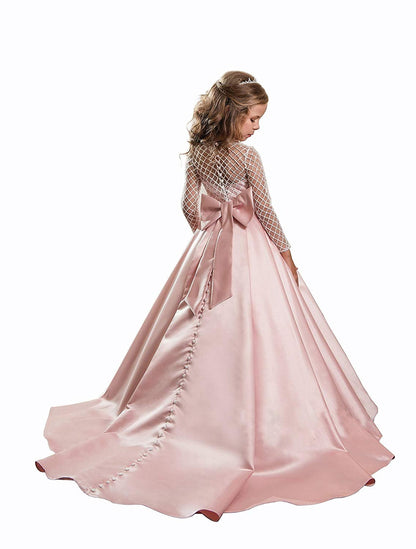 Christmas Flower Girl Dress Floor Length Button Draped Tulle Ball Gowns for Kids (12, Pink)