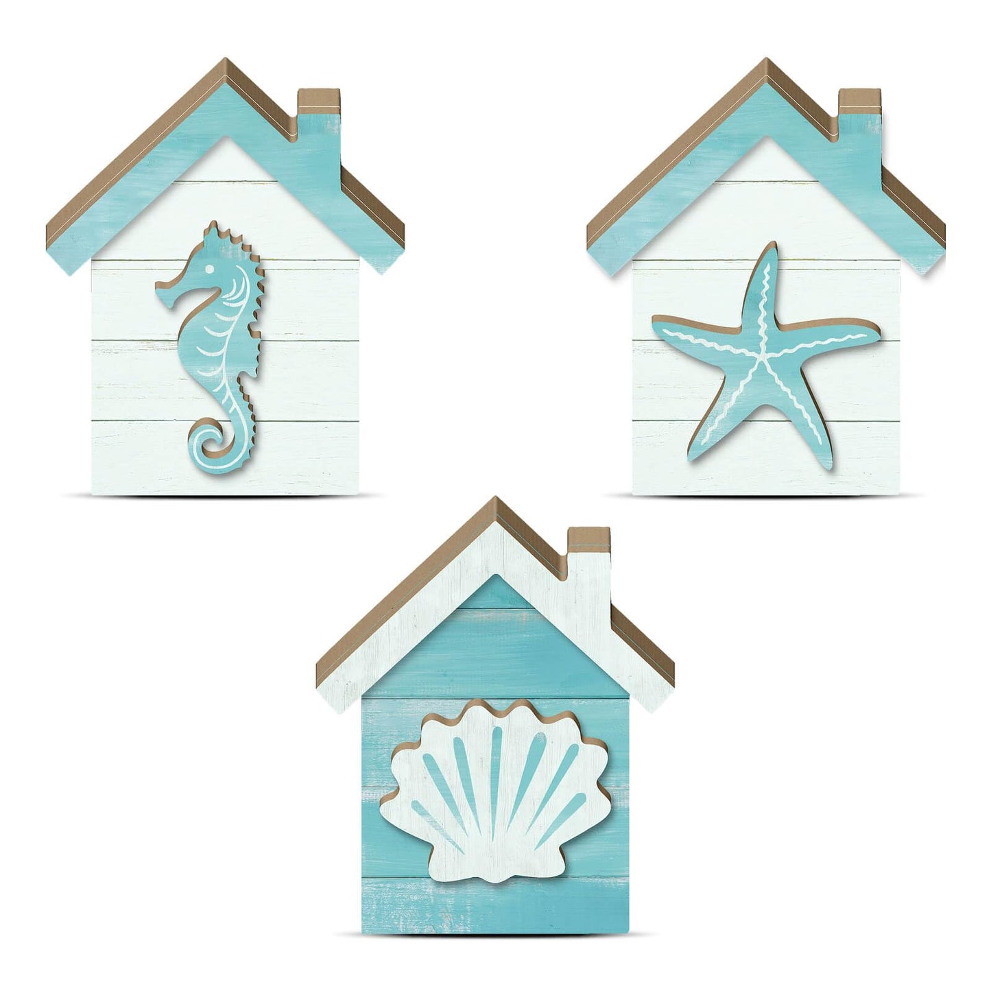 Putuo Decor Coastal Tabletop Decor Set of 3, Beach House Nautical Figurines with Seahorse Shell Starfish, Ocean Farmhouse Shelf Sitter for Bathroom, Living Room, Mantel, Tiered Tray