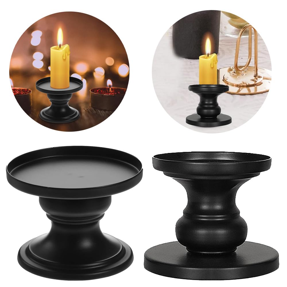 Matte Black Iron Pillar Candle Holders - Set of 2 Candlestick Holders, Metal Candle Holder for Pillar & Taper, Table Mantle Fireplace Farmhouse Home Decor