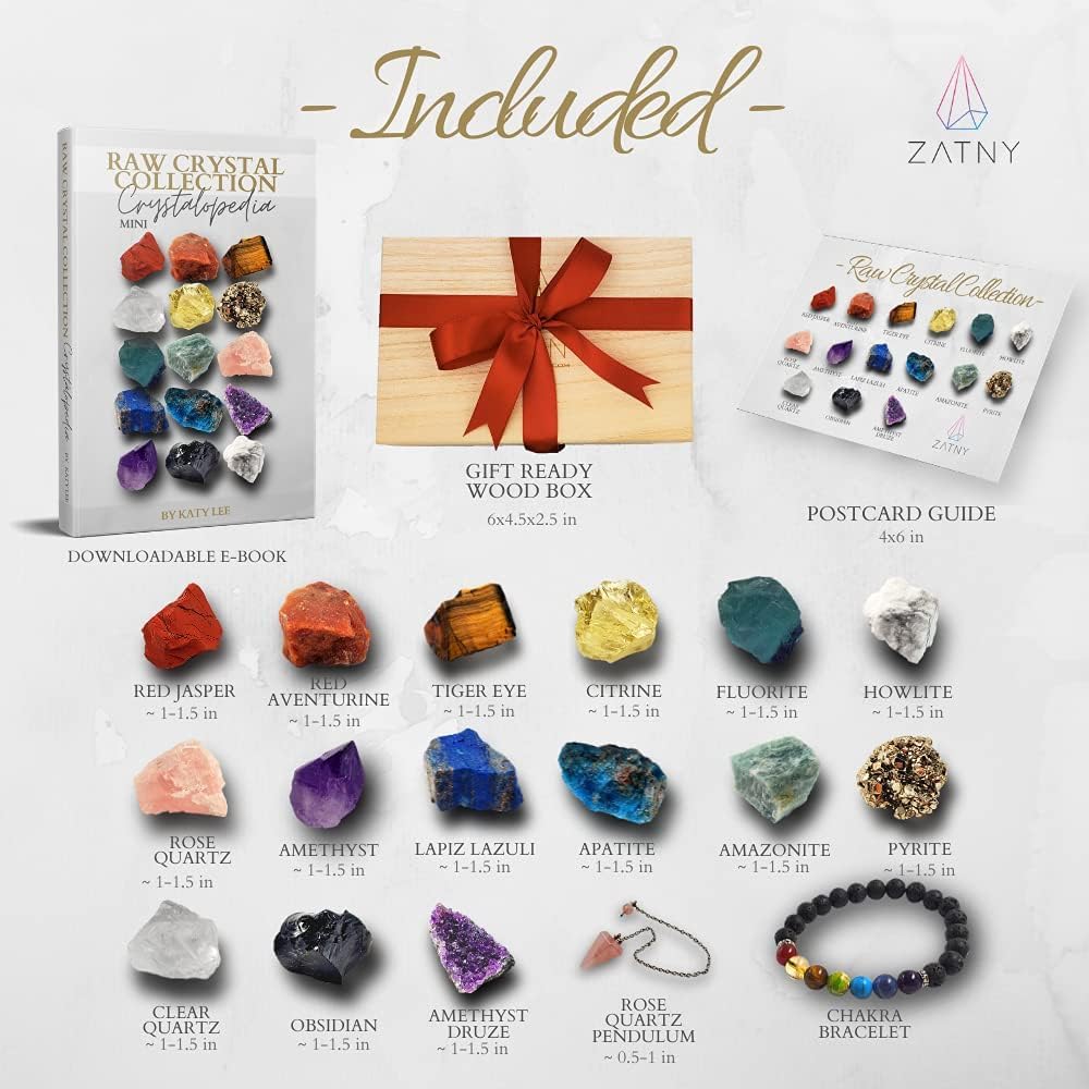 Crystals and Healing Stones Premium Kit Wooden Box - Chakra Stones Healing Crystals Set, Rose Quartz, Amethyst Cluster, Quartz Points, Chakra Pendulum (Raw Crystal Collection)