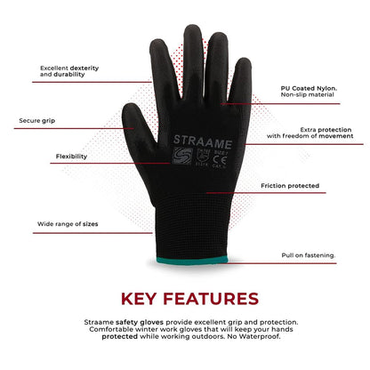 Straame Pack of 12 or 24 Black Safety Work Gloves, Outdoors PU and Nylon Non-Slip Work Handling Gloves, Good Dexterity Firm Grip Protective Working Gloves Size (Pack of 12 Pair's, M)
