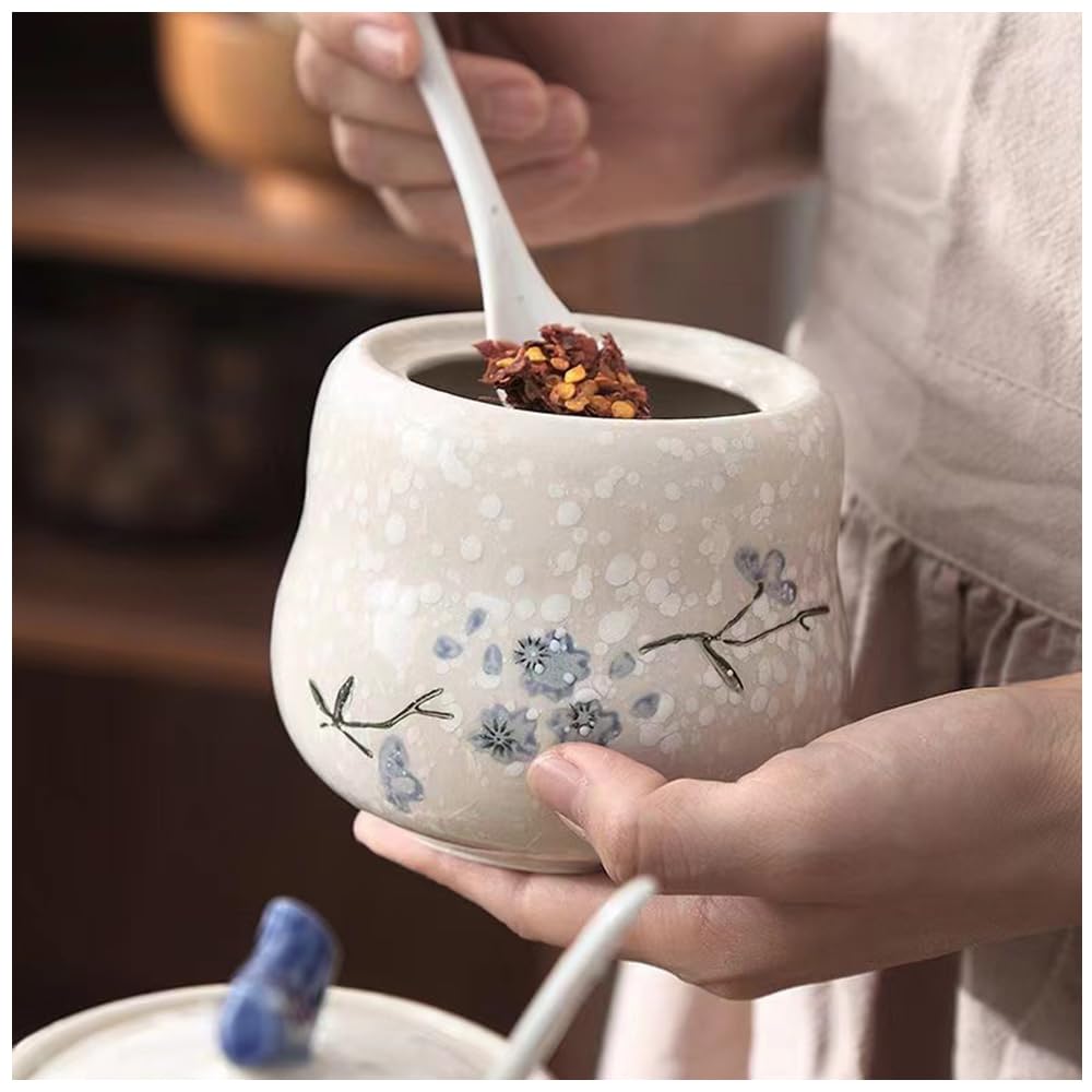 YMYL Ceramic Sugar Bowl with Lid and Spoon Set of 2, 13.5oz Porcelain Condiment Pots Salt Bowl Sugar Jar Seasoning Jars Set for Kitchen, Dishwasher Safe