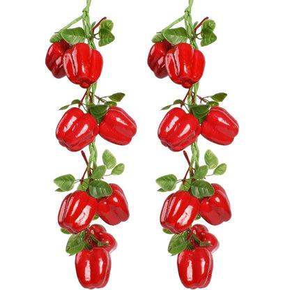 VIOCIWUO Artificial Hanging Bell Pepper String 2Pcs, Simulated Lifelike Hot Chili Vegetable Fruit Garland Vine for Home Kitchen Fruit Shop Supermarket Farm Party Wall Decoration