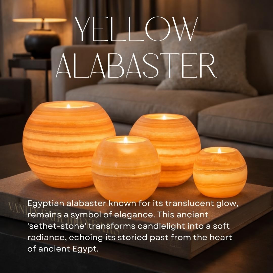 CraftsOfEgypt Single Alabaster Candle Holder - Egyptian Tealight and Votive Candles Holders with Amber Glow for Home Décor Natural Stone Soothing Tranquil Aurora