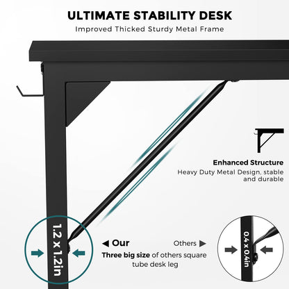 OLIXIS Computer Office Desk, 48 Inch Writing Work Study PC Wood Modern Desk with Storage Bag & Headphone Hook Simple Bedroom for 2 Person Kids Student Table, Black