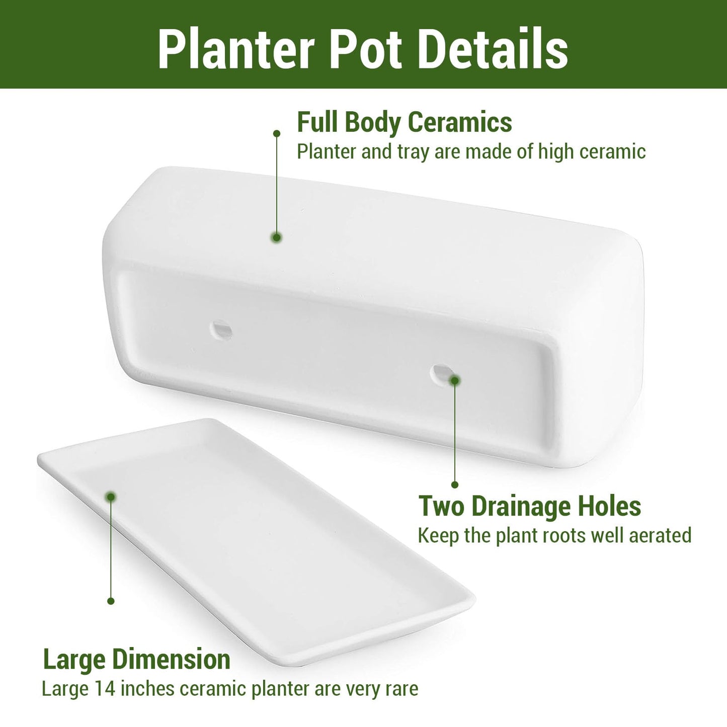 MyGift 14 Inch Ceramic Indoor Plant Pot with Drainage Hole, Rectangular Succulent Planter Window Box with Removable Saucer, Unglazed White