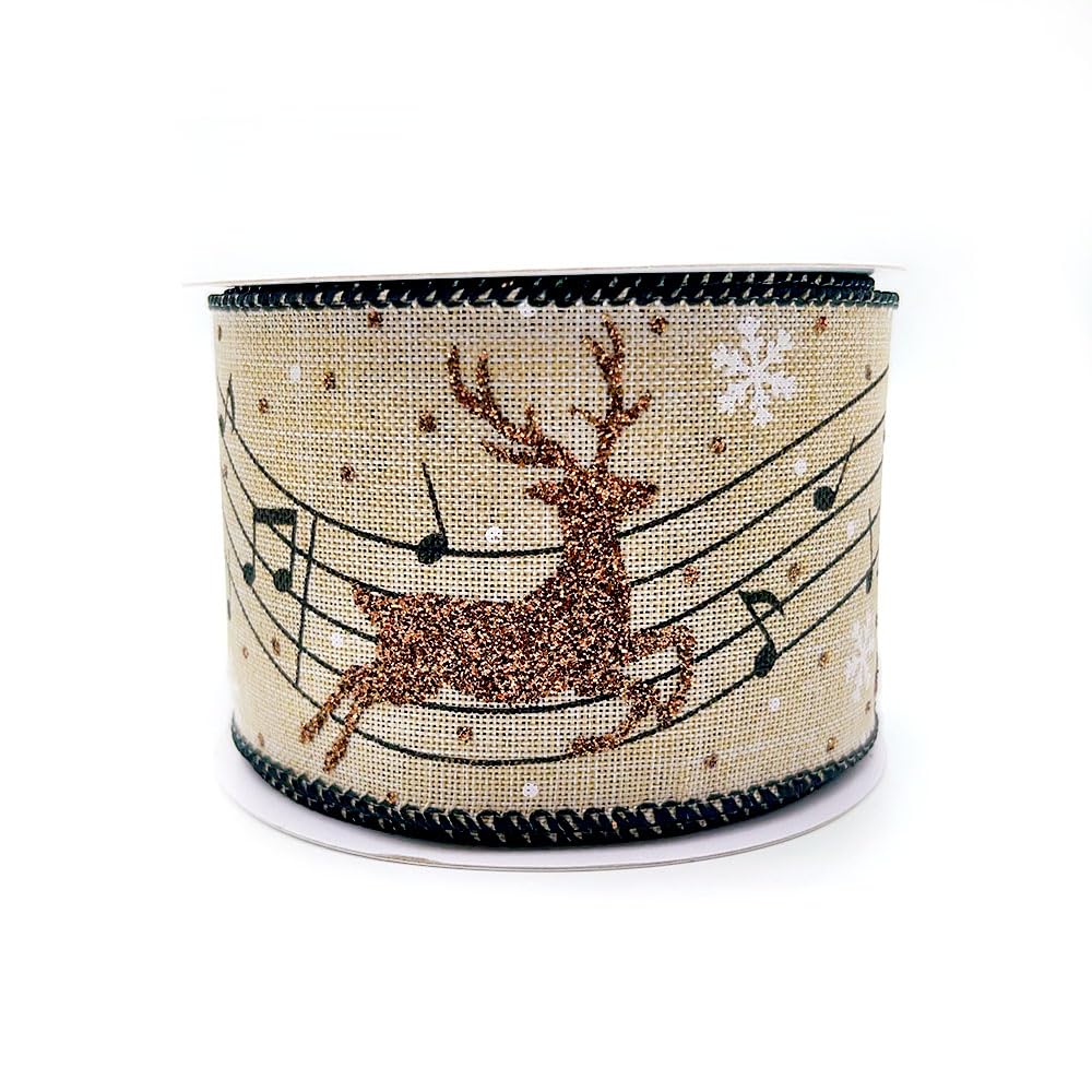 Designer's Shop Christmas Musical Glitter Reindeer Burlap Ribbon