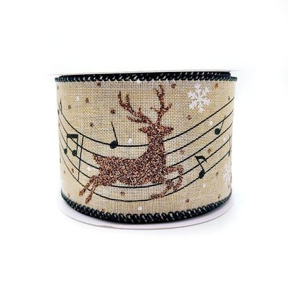 Designer's Shop Christmas Musical Glitter Reindeer Burlap Ribbon