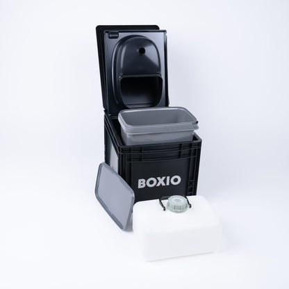 BOXIO - Sanitary Edition: Mobile Camping Bathroom All-in-One Solution, Mobile Camping Sink, Camping Toilet, Shower Head & Extensive Camping Accessories, black