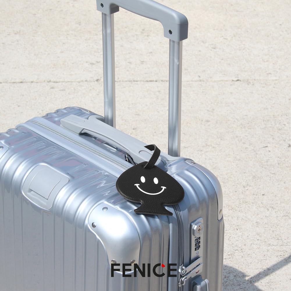 FENICE Vegan PU Leather Smiley Face Name Tag with Belt Buckle Strap Closure for Suitcase Luggage Tavel Bag (Yellow-Smile)