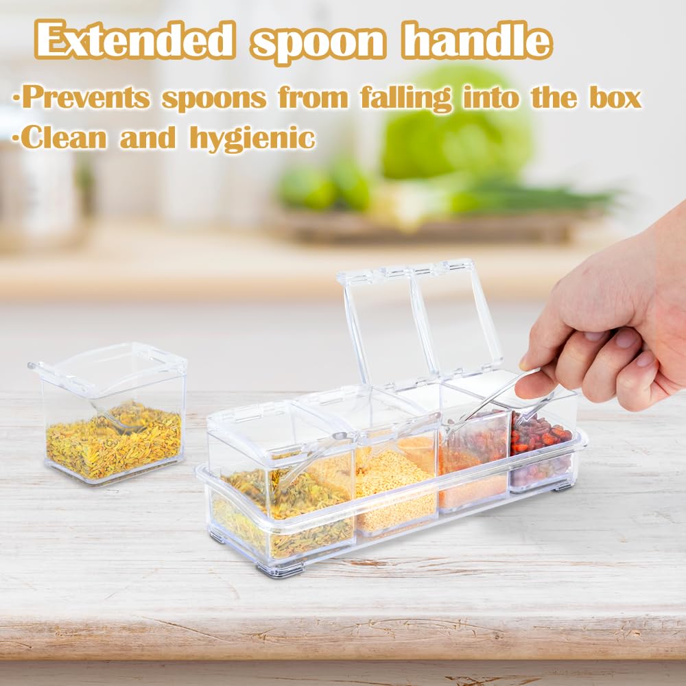 SHAIDOJIO Clear Seasoning Box, 8 Pcs Spice Storage Pots Condiment Container Boxes with Lids and Spoons, Seasoning Rack Spice Jar, Kitchen Seasoning Organizer for Salt, Sugar, Cocoa, Ice Cream Toppings