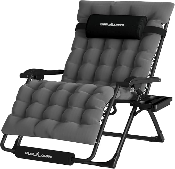 UDPATIO Oversized Zero Gravity Chair, 33In XXL Patio Reclining Chair with Cushion, Outdoor Folding Recliner with Pillows|Cup Holder|Foot Rest|Padded Headrest, Dark Grey, Support 500LB
