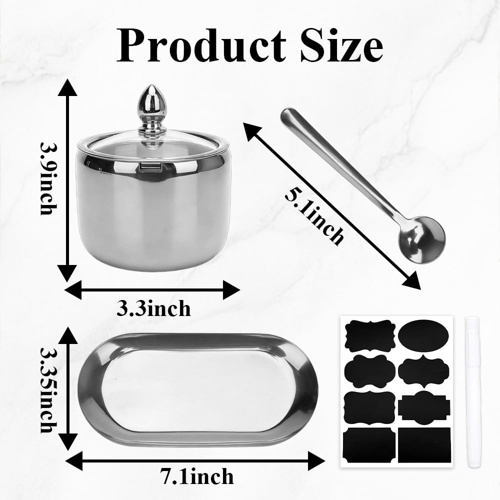 2-Pack 10 Oz Coffee & Sugar Dispenser Set with Tray - Sugar Bowl with Glass Lid & Spoon, Includes Label Stickers & White Marker | Coffee Bar Accessories for Beans, Salt, Brown Sugar Cubes (Silver)