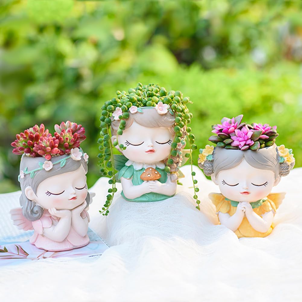 Argofox Samll Angel Girl face Succulent Plant pots 3packs with Drainage Hole 4inch Indoor Cactus Pot Unique Cute Flower Pot with Girl Face Container Planter