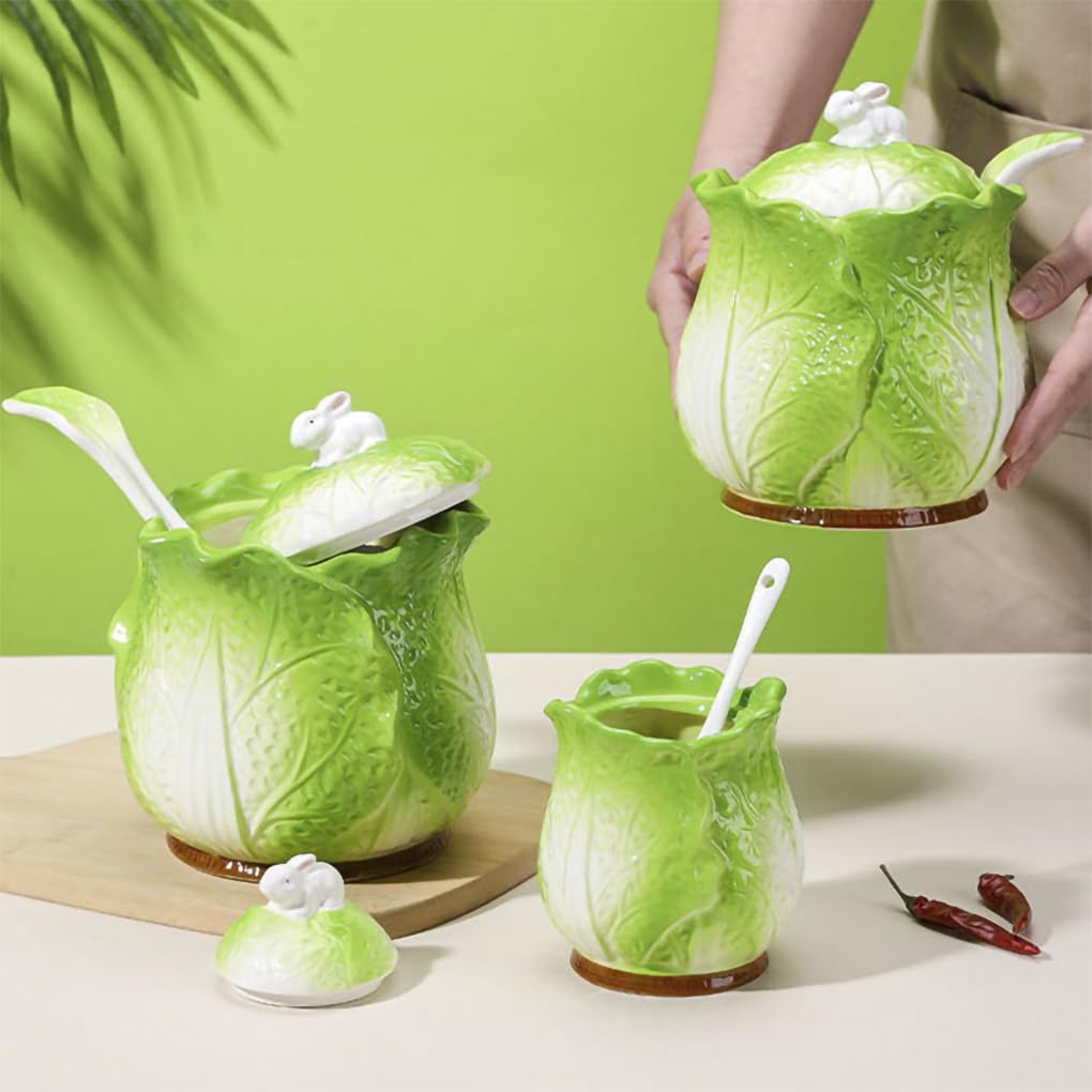 WAIT FLY Cabbage and Rabbit Ceramic Sugar Bowl with Lid and Spoon, Sugar Container, Sugar Jar for Kitchen Countertop, Coffee Bar