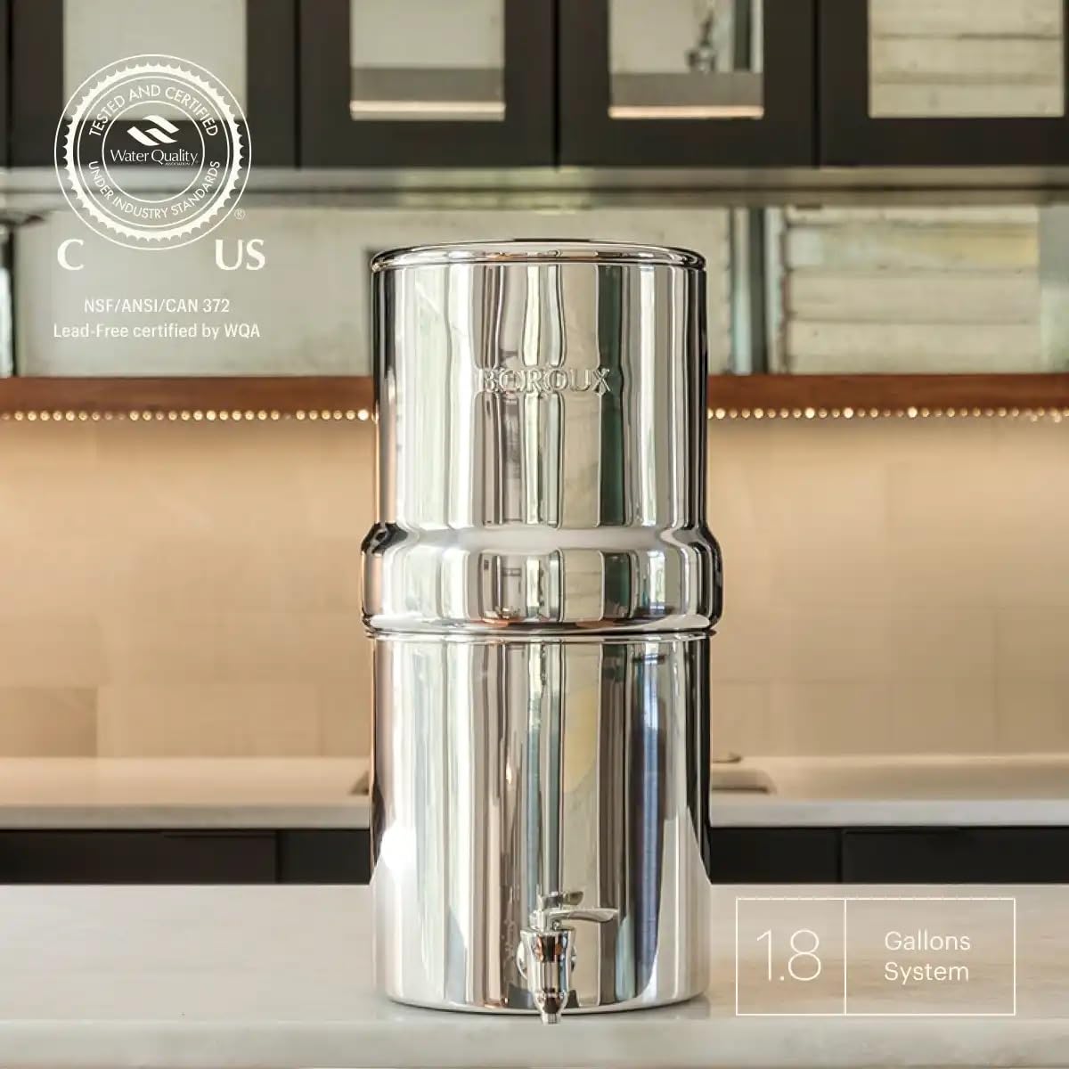 Boroux Compact Gravity-Fed Countertop Stainless Steel Water Filter System | 1.8 Gallons with 2 Authentic Black Foundation Filters