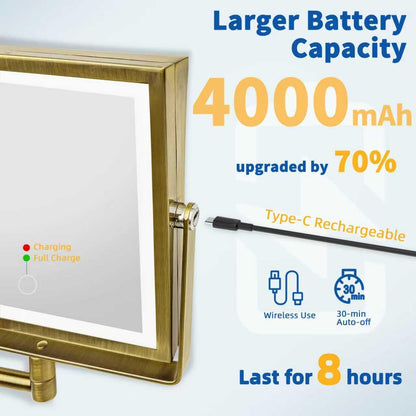 Ruacq Rechargeable Wall Mounted Makeup Mirror with Lights, Double Sided 1X/10X Magnifying Vanity Mirror with 3 Color Lighting, Touch Screen Dimmable, 360° Rotation Extension Foldable Arm(Matte Black)